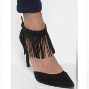 RARE Stuart Weitzman Fringelica Suede Point Toe Pump Black Ankle Strap Heel 7.5